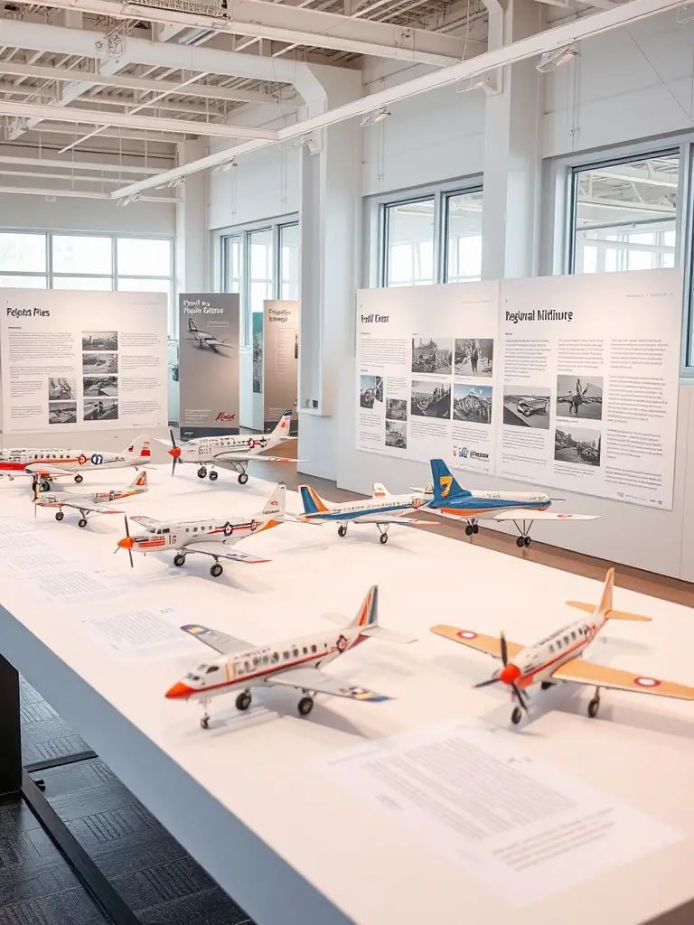 An educational display featuring aircraft models and historical information, designed to engage and inform visitors about the history of aviation in the region.