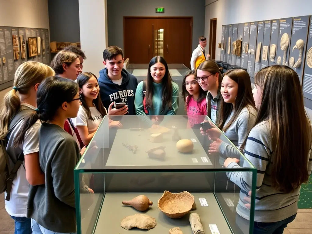 A photograph of a group of students and aviation enthusiasts gathered around an exhibit of historical aeronautical artifacts, with a guide explaining the significance of each item.