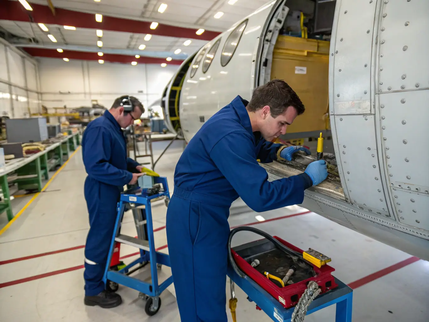 A photograph capturing volunteers meticulously restoring the wing of a vintage aircraft in a well-equipped workshop, showcasing the dedication and skill involved in the restoration process.