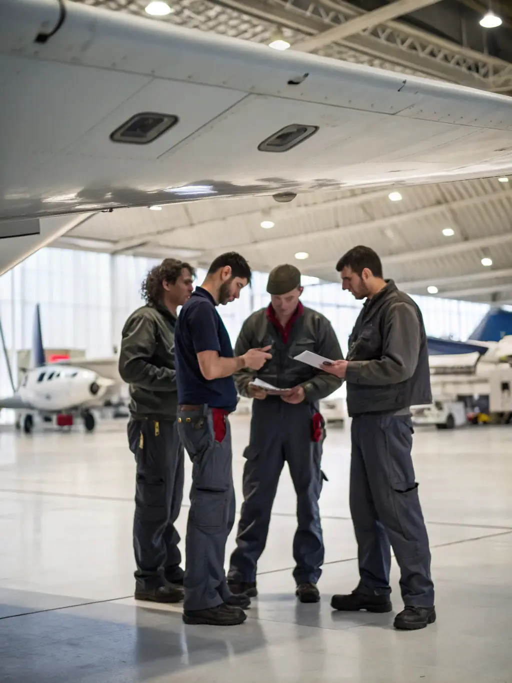 A group of volunteers working on the restoration of a vintage aircraft wing, demonstrating the hands-on approach and community involvement in preserving aeronautical heritage.